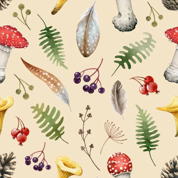 Wild forest herbs, mushroom seamless pattern. Watercolor image. Hand drawn wild fly agaric mushroom, herbs, fern, berries, cone. Pastel background. Seamless pattern for fabric, paper, tixtile print.