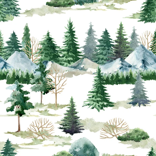 Horská krajina bezproblémový vzor. Ilustrace akvarelů. Ručně kreslené realistické divoké přírodní borovice, vzor horské scény. Zelený les nekonečný prvek. Severní příroda na bílém pozadí — Stock fotografie