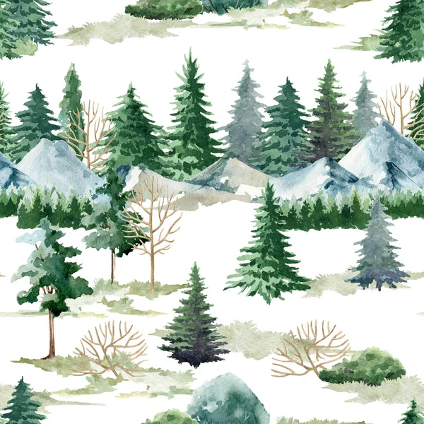 Paysage de montagne motif sans couture. Illustration aquarelle. Pin naturel sauvage dessiné à la main réaliste, motif de scène de montagne. Forêt verte élément sans fin. Nature nordique sur fond blanc — Photo