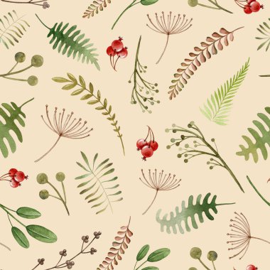 Vahşi orman otları, çiçeklerin pürüzsüz desenleri. Suluboya element. El yapımı yabani organik otlar, eğreltiotu, kırmızı böğürtlen. Kumaş, kağıt ve tixtile baskı için kusursuz desen. Pastel krema arkaplanı