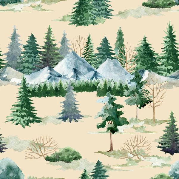 Mountain landscape seamless pattern. Watercolor illustration. Hand drawn realistic wild nature pine, mountain scene pattern. Green forest endless element. Northern nature on pastel cream background — Stock Photo, Image