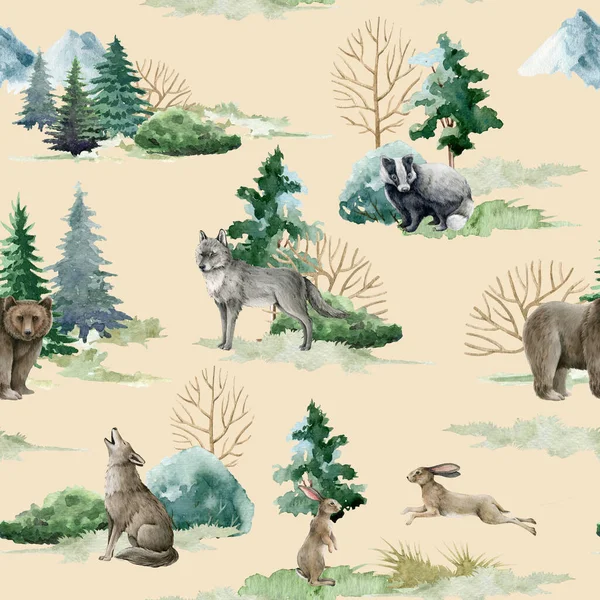 Vahşi orman hayvanları kusursuz desenli. Suluboya resim. El yapımı orman ayısı, kurt, tavşan, porsuk, köknar ağaçları, dağlar. Kumaş, kağıt, tixtile baskı için kusursuz desen. Pastel krem arkaplan — Stok fotoğraf