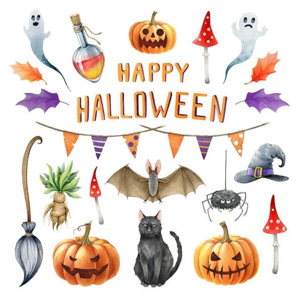 Halloween prvky kolekce. Ručně kreslený podzimní slavnostní halloween element set. Ilustrace akvarelů. dýně Jack hlava, černá kočka, netopýr, duch, koště na bílém pozadí — Stock fotografie