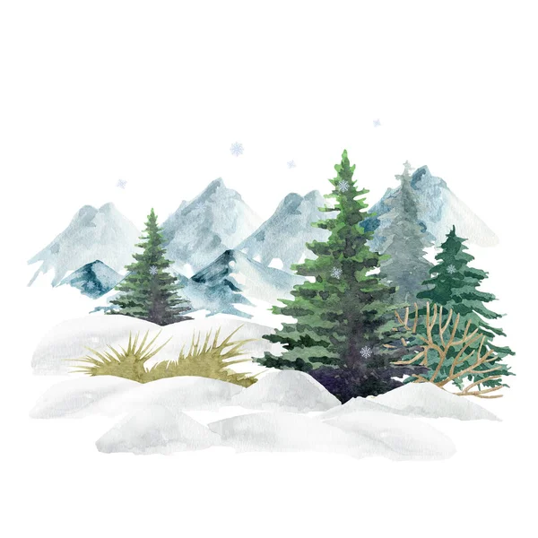 Téli erdős táj. Akvarell illusztráció. Kézzel rajzolt hó, hegyek, fák, bokrok. Téli vad természet táj elem. Északi természet fenyőfákkal, hóval, hegyekkel. Fehér háttér — Stock Fotó