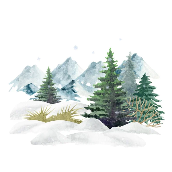 Paysage forestier hivernal. Illustration aquarelle. Neige dessinée à la main, montagnes, arbres, buisson. Hiver nature sauvage élément paysage. Nature du nord avec sapins, neige, collines. Fond blanc — Photo