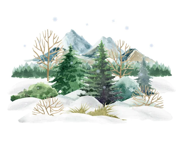 Winterlandschaft Naturszene. Aquarell-Illustration. Handgezeichneter Schnee, Berge, Bäume, Gebüsch. Wilde Winterlandschaft. Nördliche Natur mit Tannen, Schnee, Hügeln. Weißer Hintergrund — Stockfoto