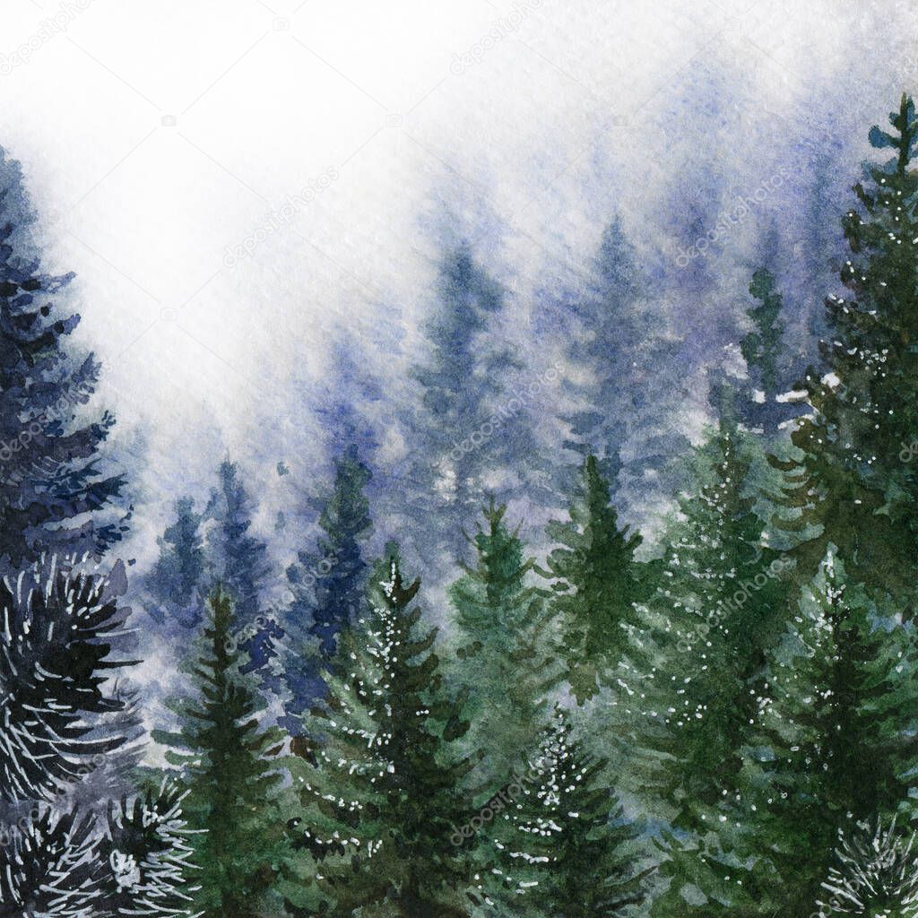 Nature forest in fog scene. Watercolor illustration. Hand drawn mountains, fir trees in fog. Wild north landscape element. Wild nature scene with fir trees, pine in the mountains. Woodland landscape