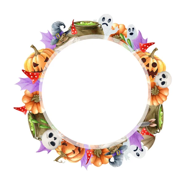 Halloween round frame. Watercolor illustration. Hand drawn spooky halloween round decor. Scary funny pumpkins, scull, ghost, toadstool in bright round festive frame. White background