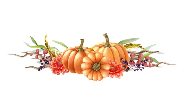 호박의 가을 꽃꽂이. 워터 컬러 일러스트. 손으로 그린 소박 한 축제 디오르에는 호박, 꽃, 딸기, 가을 잎이 들어 있다. 추수 감사절의 요소. 흰 배경 위 에서 — 스톡 사진