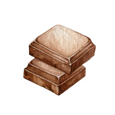 Koyu çikolata dilimi. Suluboya çizimi. El çizimi gerçekçi çikolata parçalı blok elementi. Acı çikolata yığını. Beyaz arka planda nefis bir şeker parçası. Tatlı kakao ürünü.