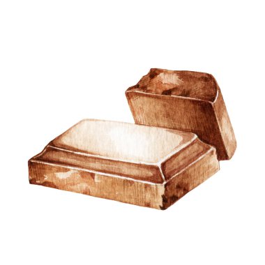 Sütlü çikolata dilimi. Suluboya çizimi. Tatlı kakao ürünü. El çizimi gerçekçi çikolata parçalı blok elementi. Sütlü çikolata yığını. Beyaz arka planda nefis kakao şekerleri.