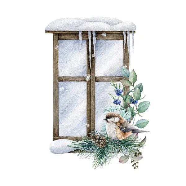 Winter arrangement with bird. Watercolor illustration. Hand drawn festive floral arrangement on winter window background. Greeting Christmas vintage craft card with eucalyptus, pine and tit bird — Foto Stock
