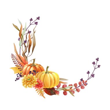 Şükran Günü çiçekli çelengi. Suluboya çizimi. Balkabaklarından, çiçeklerden, yapraklardan, böğürtlenlerden elde çizilmiş. Şükran Günü hasat dekorasyonu. Hasat çelengi. Beyaz arkaplan