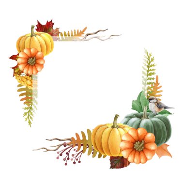 Şükran Günü balkabağı çiçekli çerçevesi. Suluboya çizimi. Kabaklarla, kuşlarla, yapraklarla, çiçeklerle çizilmiş kır şenliği dekoru. Şükran Günü hasatı. Beyaz arkaplanda sonbahar parlak çerçevesi