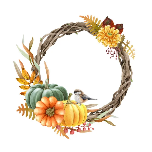 Thanksgiving floral wreath with pumpkins. Watercolor illustration. Hand drawn round decor with pumpkins, small bird, flowers, autumn leaves. White background. Thanksgiving wreath. Autumn decor element — Stock Photo, Image
