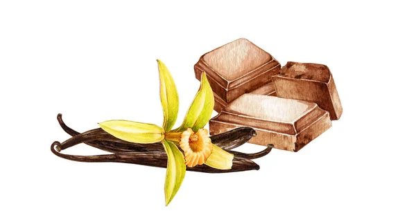 Choklad skiva med vanilj orkidé blomma. Akvarell illustration. Söt kakaoprodukt med vaniljsmak. Handritad realistisk choklad bruten block element. Chokladgodis. Vit bakgrund — Stockfoto