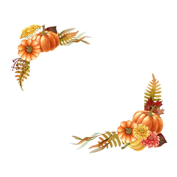 Kerangka labu bunga Thanksgiving. Ilustrasi warna air. Tangan digambar berkarat dekorasi meriah dengan labu, daun, bunga. Unsur panen Thanksgiving. Autumn bingkai terang pada latar belakang putih — Stok Foto