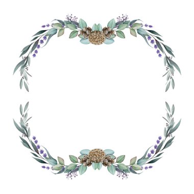 Okaliptüs ve lavanta çerçeveli suluboya resimleme. Zarif süs içinde doğal organik otlar. Elle çizilmiş okaliptüs dalı zarif kış çerçevesinde lavanta çiçekleri ile