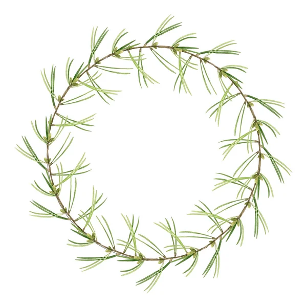 Pine branch wreath. Festive round seasonal decoration. Watercolor illustration. Christmas green holiday wreath. Winter evergreen pine natural round decor element. White background — Stock Photo, Image