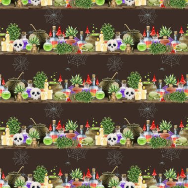 Cadılık malzemeleri cadılar bayramı moduna uygun, kusursuz desenli dekorasyon. Suluboya klasik resim. El yapımı cadı kazanı, iksir şişeleri, otlar, mumlar, arka planda adamotu..