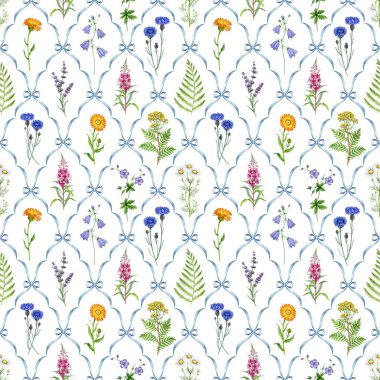 Çayır kır çiçekleri dikişsiz suluboya çizimi. El yapımı klasik papatya çayı, çan çiçeği, ateş otu, çiçek çiçeği, çiçek açan yaz çiçekleri fayans arka planda zarif süslemeler..