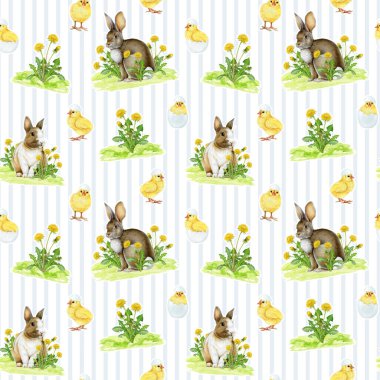 Paskalya havası şirin tavşanlar, bahar çiçekli hatunlar pürüzsüz desenli. El yapımı, klasik, rahat, bahar mevsimi suluboya çizimi. Paskalya tavşanları, civcivler, çizgili arka planda bahar çiçekleri.