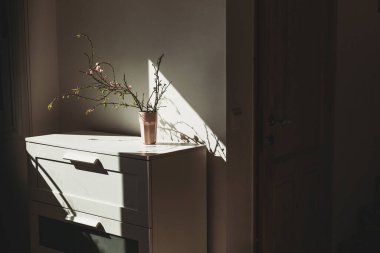 Şifoniyerin üstündeki vazoda çiçek açan badem dalıyla.