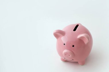 İzole edilmiş beyaz arka planda domuz şeklinde bir kumbara.