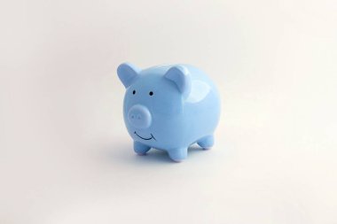 İzole edilmiş beyaz arka planda domuz şeklinde bir kumbara.