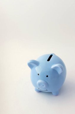 İzole edilmiş beyaz arka planda domuz şeklinde bir kumbara.