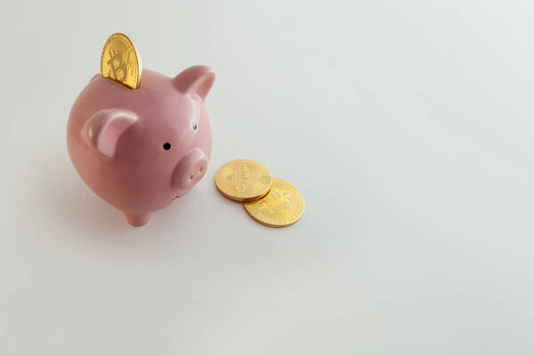 Piggy bank with bitcoin coins on isolated white background