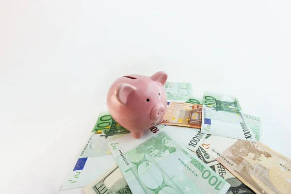 Domuz şekilli domuz kumbarası, euro banknotları ve izole edilmiş beyaz arka planda bize dolar.