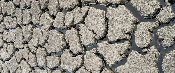 Panorama Asciugato Incrinato Fondo Del Lago Texture Riscaldamento Globale — Foto Stock