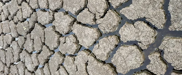 Panorama Asciugato Incrinato Fondo Del Lago Texture Riscaldamento Globale — Foto Stock