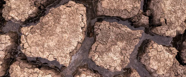 Panorama Gedroogd Gekraakt Meer Bodem Achtergrond Textuur Opwarming Van Aarde — Stockfoto