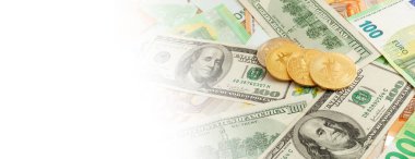 Avro ve dolar panoramasının doku arka planında bitcoins