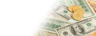 Avro ve dolar panoramasının doku arka planında bitcoins