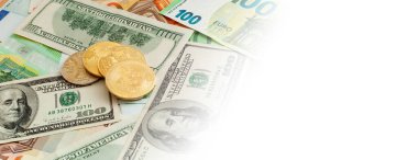 Avro ve dolar panoramasının doku arka planında bitcoins