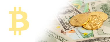 Avro ve dolar panoramasının doku arka planında bitcoins