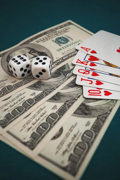 Dice Playing Cards Green Cloth Casino Dollars Euro Bills — Stock Photo, Image