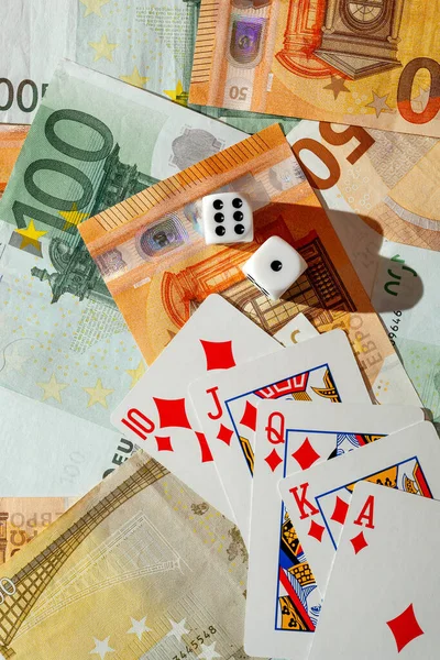 Dados Jugar Las Cartas Paño Verde Casino Dólares Billetes Euros — Foto de Stock