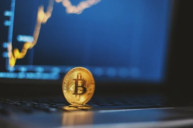 Bilgisayar klavyesi ve büyüme grafiği üzerindeki bitcoin