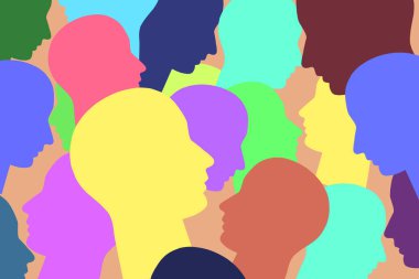 Kalabalık bir grubun çok renkli kafalarının siluetleri.