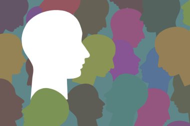 Kalabalık bir grubun çok renkli kafalarının siluetleri.