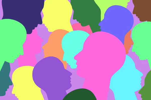 Kalabalık bir grubun çok renkli kafalarının siluetleri.