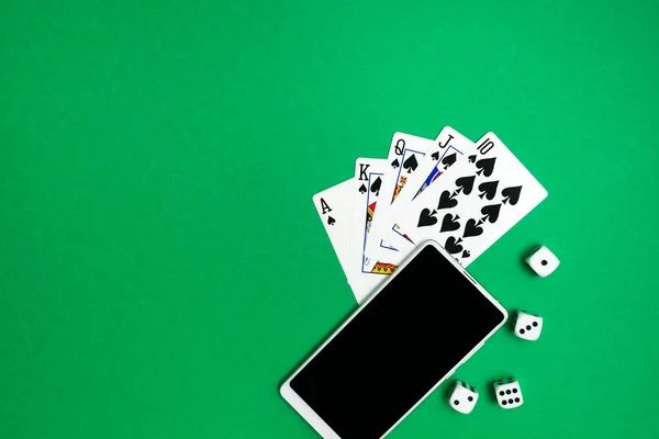 Jogar Cartas Dados Poker Telefone Pano Azul Verde — Fotografia de Stock