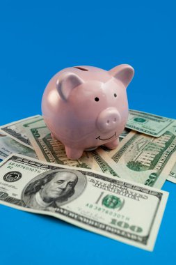 Arka planda domuz kumbarası. Mavi arka planda Amerikan doları banknotları.