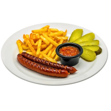 Hamburger, beyaz arka planda tabakta hazır yemek.