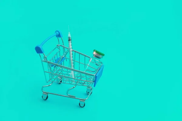 Chariot Supermarché Avec Seringues Ampoule Sur Fond Bleu — Photo