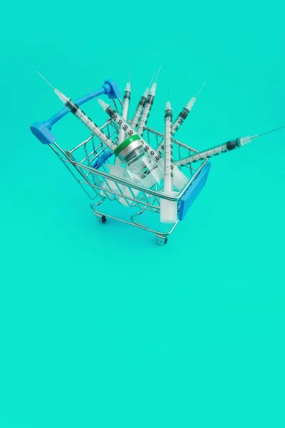 Supermarket Trolley Syringes Ampoule Blue Background — Stock Photo, Image